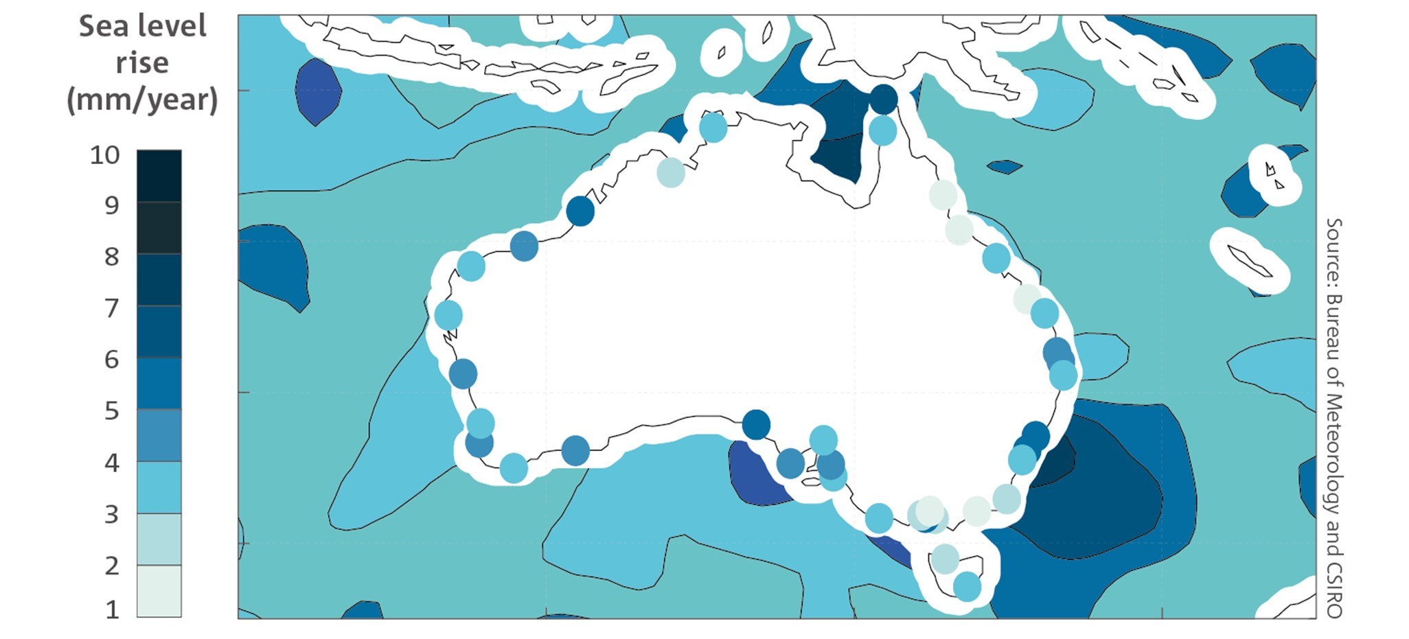 The rate of offshore sea-level rise around Australia measured using satellite altimetry from 1993 to 2020 and onshore rate of sea-level rise (coastal points) from the ANCHORS multi-decadal tide gauge dataset. The colour scale applies to both the contour (satellite altimetry) and dots (tide gauges) observations.