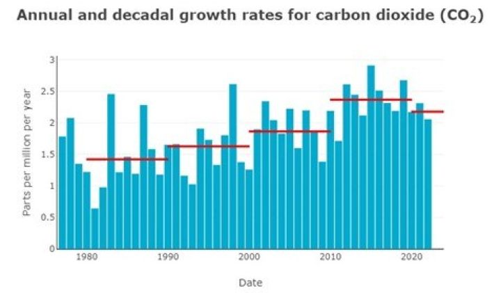 Annual (blue bars) and decadal (red horizontal lines) growth rates of CO2