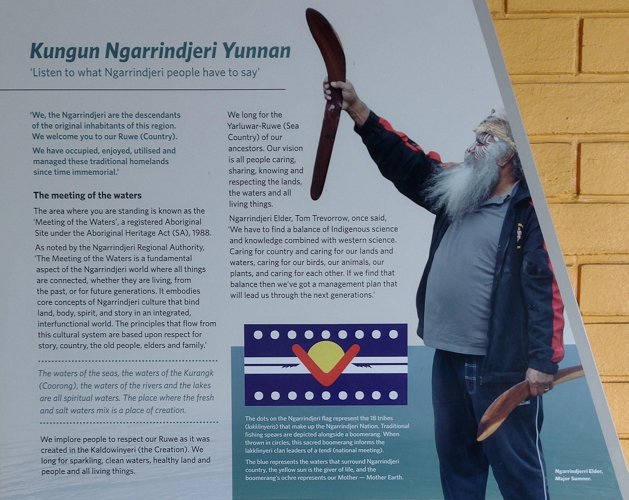 Acknowledgement: Major Sumner AM (Uncle Moogy), Ngarrindjeri Elder in front of an information board at Goolwa